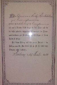 Befugnis zum anleiten von Lehrlingen, ausgestellt am 27. Juli 1910 auf Fritz Birkhölzer zu Assinghausen