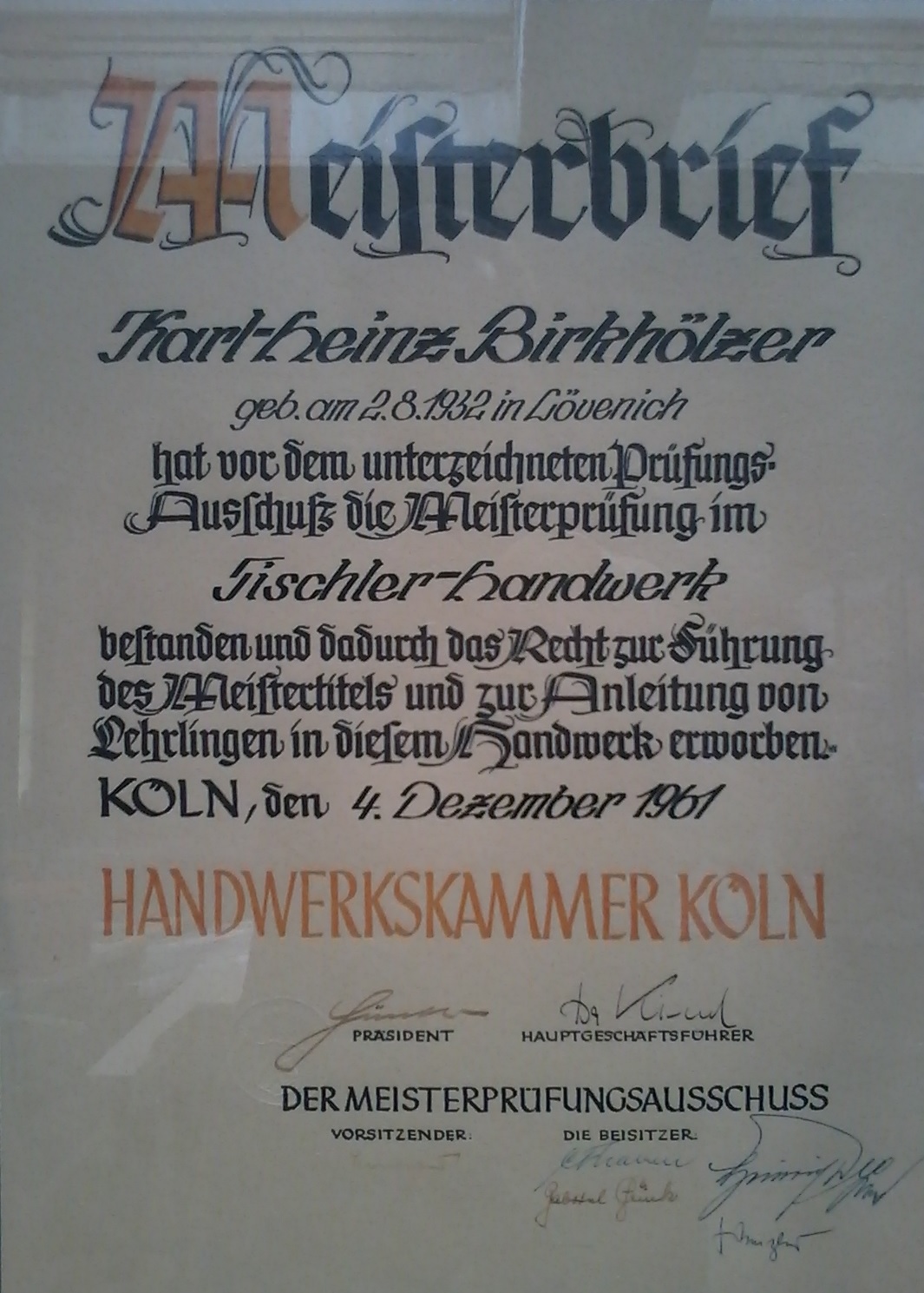 Meisterbrief von Karl-Heinz Birkhölzer